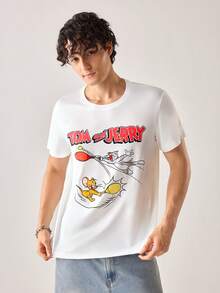 Strevion TOM & JERRY 男士简约汤姆和杰瑞乒乓球印花圆领短袖T恤，夏季款 - 白色 - 查看 3