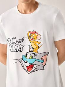 Strevion TOM & JERRY 男士休闲汤姆和杰瑞图案印花圆领短袖T恤，夏季款 - 白色 - 查看 4
