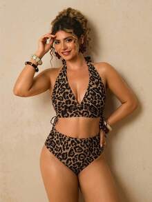 Travachic Plus Size Women's Summer Beach Leopard Print Halter Neck Tie Sexy Bikini And Triangle Bottoms Two-Piece Swimsuit Set Bathing Suits For Women - Multicolor - View 4