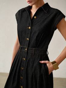 MOTF PREMIUM SPRING/SUMMER WOMEN'S CASUAL COMMUTER FRONT BUTTON DENIM DRESS WITHOUT BELT - Dark Wash - View 3