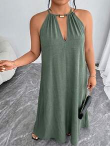 Elenzga Women's Fashion Elegant Solid Color Halter Neck Sleeveless Loose Plus Size Dress ValentinesRed New Year - Green - View 6