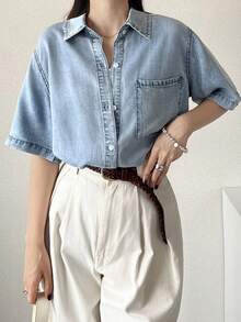 DAZY Women's Single-Breasted Casual Pocket Fashion Denim Shirt - Blue - View 8