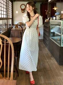 DAZY 女款波點優雅派對花瓣袖洋裝，韓系夏季風格 - 白色 - 查看 8