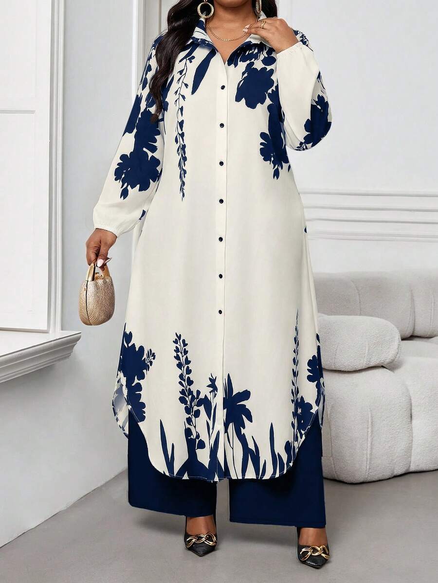 SHEIN Lady 大尺碼對比色復古寬鬆長袖鈕扣前開休閒兩件套，海軍藍 - 藏蓝色 - 查看 1