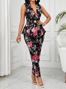 SHEIN Lady Plus Size Women's Floral Print Waist Metal Single Button Sleeveless Jacket And Pants Elegant Suit Set - Black - View 8