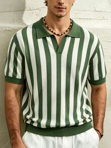 Airaco Men's Polo Collar Vertical Striped Pattern Knit Short Sleeve Vacation Green Stripe Summer Casual - Green - View 5