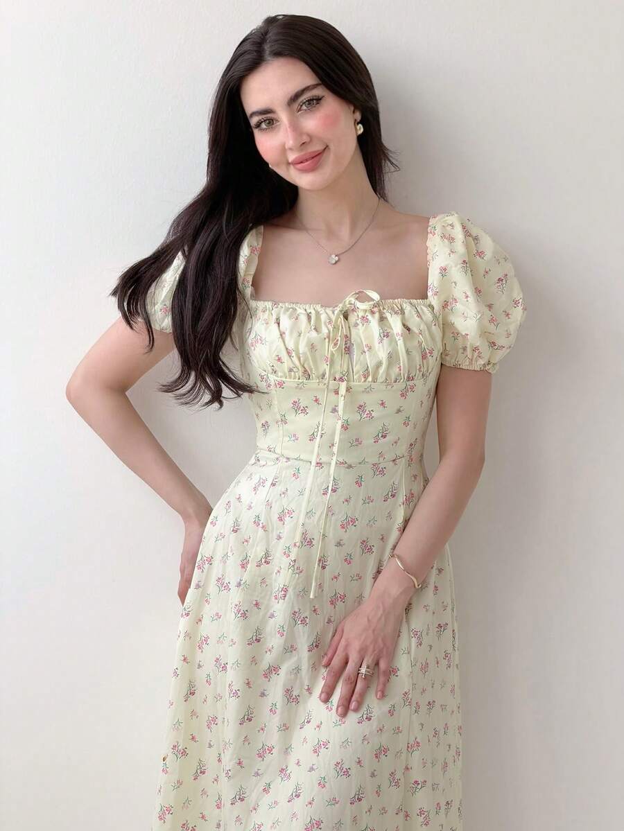 Yasmeen Edit Yasmeen Edit 女款花瓣袖高開衩碎花洋裝 度假優雅夏季 - 黃色 - 查看 1