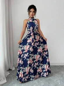 Elenzga 無袖掛脖收腰A字印花多色優雅浪漫女款洋裝 - 彩色 - 查看 4