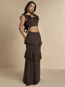 Silquee Women's Brown Chiffon Multi-Layered Ruffle Skirt, Suitable For Parties, Music Festivals, Gatherings, Everyday Wear, Vacations, And Dates. - Coffee Brown - View 5