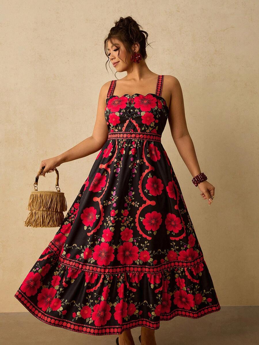 Travachic Plus Size Women's Black Tropical Floral Print Vacation Maxi Cami Dress, Early Summer Vacation Boho - Multicolor - View 1