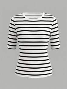 EMERY ROSE Women's Striped Contrast Color Round Neck T-Shirt, Fashionable & Versatile - White - View 4