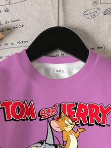 TOM & JERRY X SHEIN 少女卡通印花可愛圓領套頭長袖運動衫 - 白色 - 查看 3
