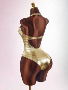 Amplova Women's One-Piece Swimsuit Gold Faux Bandage Style Sexy Avant-Garde Suitable For Vacation Wear Bathing Suits For Women - Gold - View 3