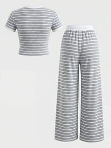 SHEIN 青少年女孩/青少年女孩灰色與白色條紋拼接圓領短袖T恤與長褲套裝 - 灰色 - 查看 3
