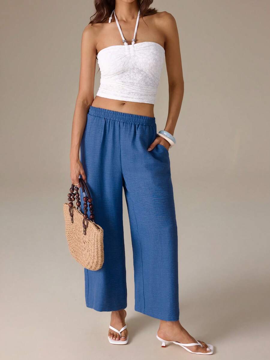 SHEIN Tall Women's Solid Color Minimalist Casual Elastic Waist Loose Long Pants Suitable For Daily Wear, Tall Women Vacation Blue Autumn - Blue - View 1
