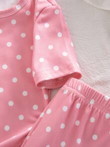 Summer Young Girl Spring/Summer Knit Round Neck Short Sleeve Shorts Small Polka Dot Retro All-Over Digital Print Versatile Bestselling Pattern Top And Bottom 2-Piece Set Comfortable Soft Tight Pajamas Homewear - Pink - View 7