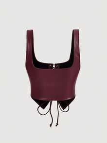 SHEIN MOD Black Crossed Frenulum Lace Up Front PU Leather Tank Top - Burgundy - View 2