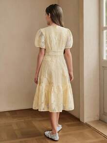 Anewsta Summer Blue Hollow Puff Sleeve Midi/Dress For Older Children - Yellow - View 7