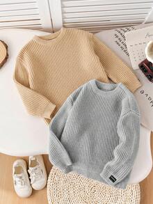 SHEIN 2pcs/Set Back To School Young Boys Brown Khaki Versatile Textured Loose Pullover Sweater, Suitable For Home, Layering, Outings And School - Multicolor - View 5