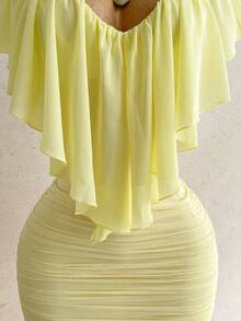 Soleia New Romantic V-Neck Ruffle Low Waist Ruched Slim Fit Bodycon Mini Skirt Women's 2-Piece Set For Beach, Cruise, Holiday, Date, Afternoon Tea, Vacation, Music Festival, Bohemian, Summer, All Season Wear - Light Yellow - View 7