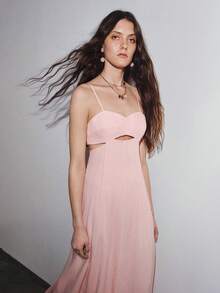 MOTF PREMIUM VACATION LINEN SPAGHETTI STRAP HOLLOW WAIST BACKLESS A-LINE DRESS SPRING SUMMER - Pink - View 10