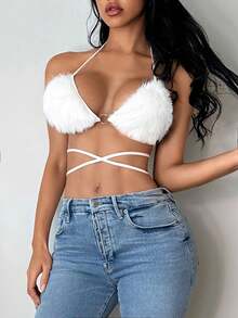 SHEIN SXY Summer Fuzzy Trim Crisscross Tie Backless Crop Halter Top - White - View 6