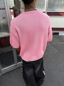 Manfinity Roghcode 男士休闲做旧圆领短袖针织衫，夏季 - 粉色 - 查看 2