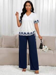 SHEIN Lady 女士花卉刺绣V领短袖上衣和裤子休闲两件套 - 彩色 - 查看 6