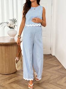 SHEIN Ensemble 2 pièces décontracté pour femme enceinte avec top rayé blocs de couleurs et pantalon long à taille ajustable pour le quotidien - Bleu et Blanc - Voir 3