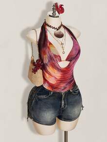 SHEIN ICON Plus Size 2pcs Summer Going Out Beach Hawaii Party Homecoming Concert Club Glitter Backless Women Tank Tops & Camis - Red Violet - View 7