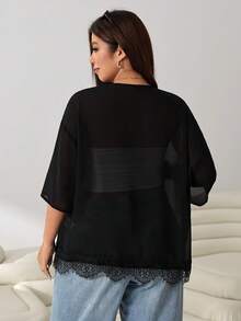 Solflare Plus Size Solid Color Minimalist Sheer Jacket - Black - View 2