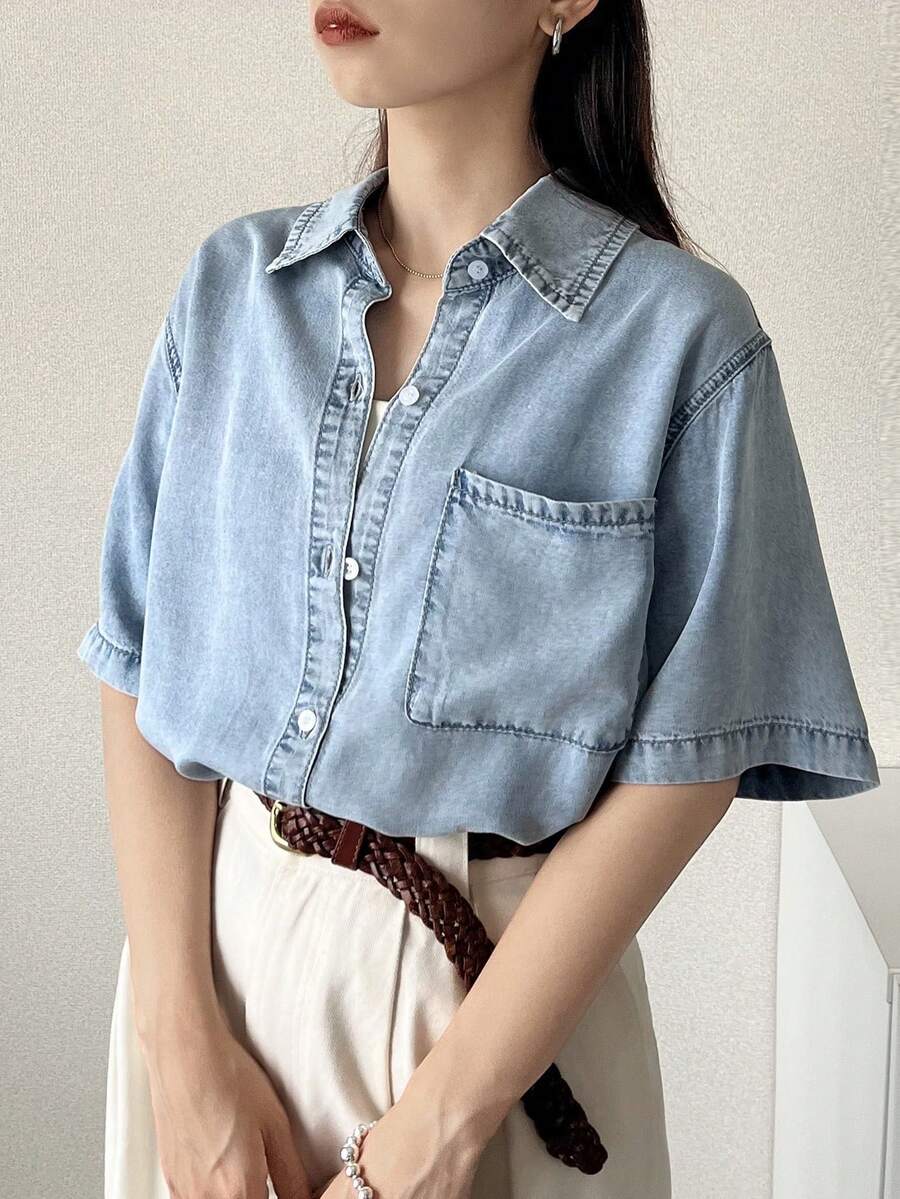 DAZY Women's Single-Breasted Casual Pocket Fashion Denim Shirt - Blue - View 1