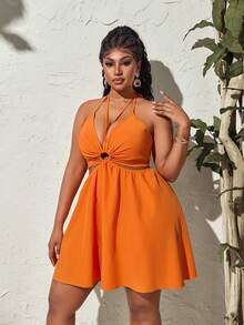 Maweii Plus Size Women's Summer A-Line Cinch Waist Cut-Out Waist Spaghetti Strap Sexy Beach Date Night Vacation Vacation Dress In Burnt Orange - Burnt Orange - View 4