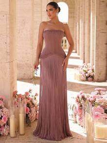 Glamrae Elegant Romantic Blush Pink Luxury Glittery Knit Strapless Bodycon Jumpsuit Dress Ruched Waist 2 In 1 Tassel Decor Gala Dinner Prom Night Formal Fall - Dusty Pink - View 6