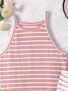 SHEIN Sparklyn Tween Girl' 条纹休闲无袖连衣裙套装 - 粉色 - 查看 3