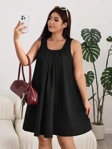 Solflare Plus Size Women's Solid Color Pleated Casual Vacation Sleeveless Dress Formal Vacation Black Summer - Black - View 7