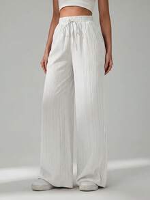 SHEIN Tall CURVE Plus Size Solid Color Elastic Waist Drawstring Tie Loose Pants Fall - White - View 9