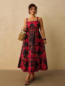 Travachic Plus Size Women's Black Tropical Floral Print Vacation Maxi Cami Dress, Early Summer Vacation Boho - Multicolor - View 5