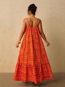 Travachic Plus Size Sleeveless Spaghetti Strap Geometric Print Dress Vacation Red Summer Boho Beach Vacation - Orange - View 2