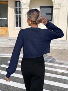 Serisse Spring/Autumn Casual Solid Color Cropped Cardigan Everyday Navy Blue - Navy Blue - View 2