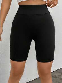 SHEIN EZwear 95%純棉黑色純色寬腰騎行短褲，附手機口袋，夏季內搭褲，適合日常通勤、約會、派對、秋冬/夏季、聖誕節、新年、感恩節、派對、婚禮、海灘、畢業典禮、時尚、優雅、休閒、外出、約會、預約、通勤、亮面、情人節、優雅、度假、休閒、Y2K、外出、畢業典禮等 - 黑色 - 查看 2