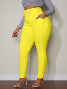 SHEIN SXY Plus Size Solid Color High Waist Slim Fit Jeans - Yellow - View 4