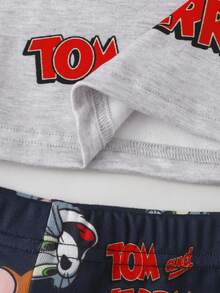 TOM & JERRY X SHEIN GraphicGems 男嬰可愛卡通印花柔軟舒適高彈力面料緊身居家短袖上衣與短褲2件組休閒服夏季款 - 藍色 - 查看 5
