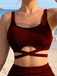 Swim Lushoire Conjunto de traje de baño de unicolor para mujer para vacaciones en la playa - Burdeos - Ver 4