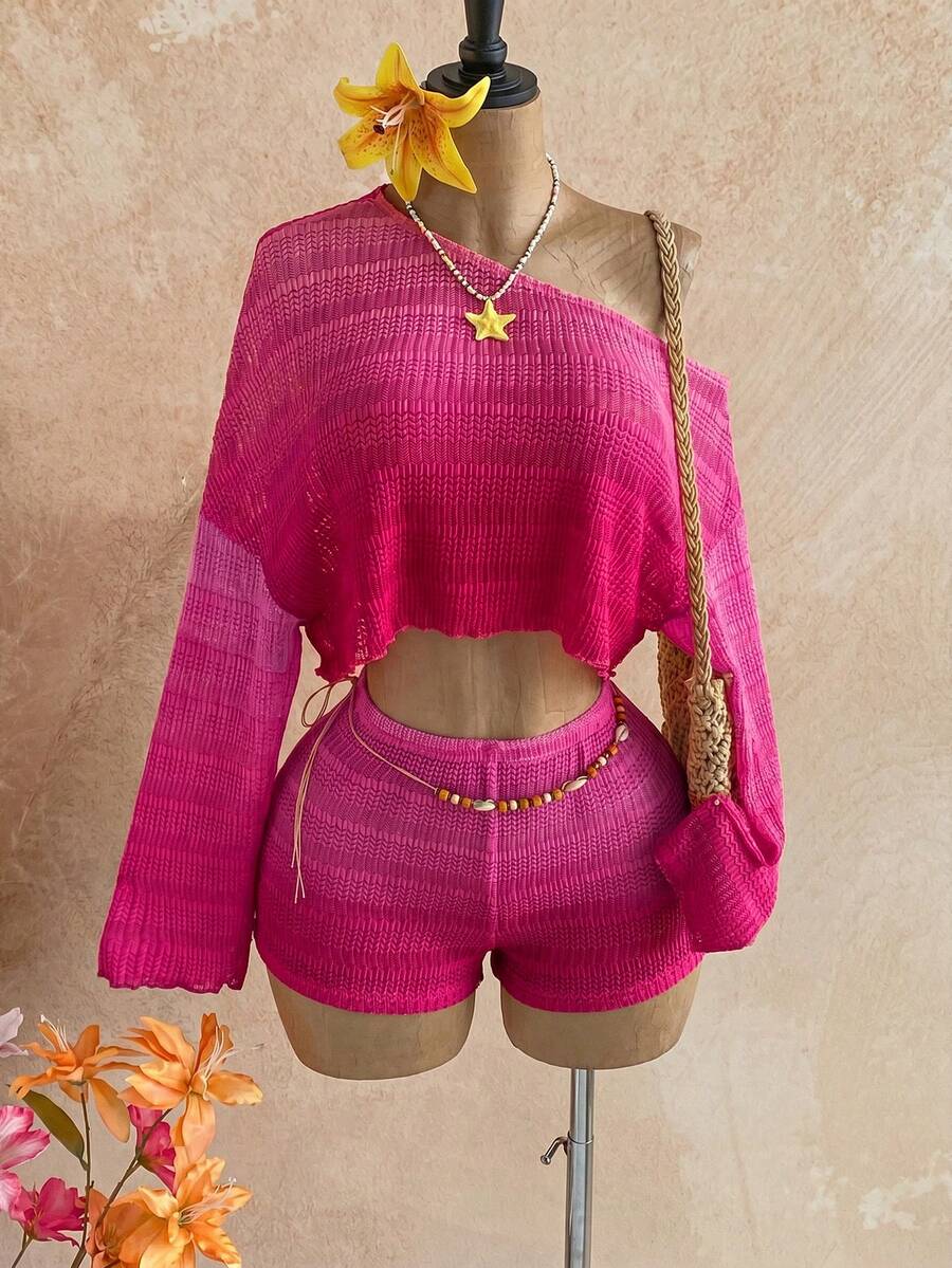 Soleia Bộ đồ 2 mảnh dành cho nữ: Áo trễ vai và quần short kiểu ombre. - Màu Hồng Tươi - Xem 1