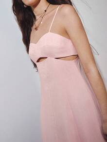 MOTF PREMIUM VACATION LINEN SPAGHETTI STRAP HOLLOW WAIST BACKLESS A-LINE DRESS SPRING SUMMER - Pink - View 6