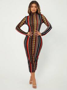 SHEIN SXY Geo & Striped Print Bodycon Dress - Multicolor - View 5