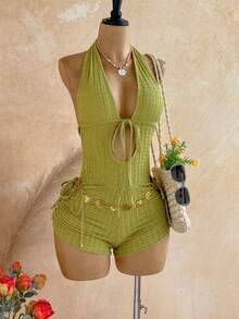 Soleia Bộ jumpsuit dệt kim họa tiết đục lỗ dây rút mới phong cách Bohemian, Boho, hoa lãng mạn, đi chơi, tiệc hoa, hẹn hò, Valentine, Phục sinh, lễ hội, trà chiều, đi biển, du thuyền, du lịch thành phố, dạo phố - màu xanh lá - Xem 4