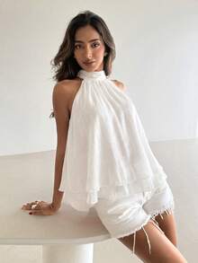 Aloruh Women's Elegant Shiny Pink Backless Top - White - View 6