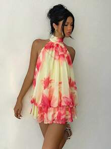 Elegant Women's Mini Dress With Halter Neck And Bow In Light Yellow - Cherry Red - View 7